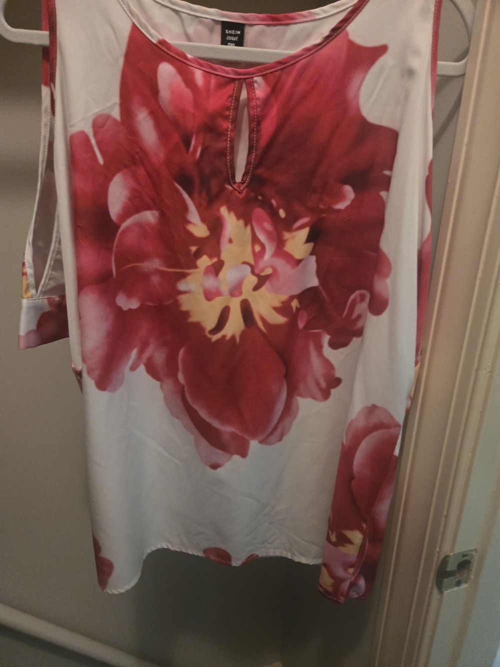SHEIN White Long Sleeve Floral Keyhole Dress with Red Bloom